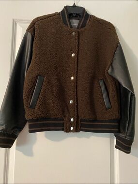Anthropologie Brown Sherpa Bomber Jacket with Black Faux Leather Sleeves